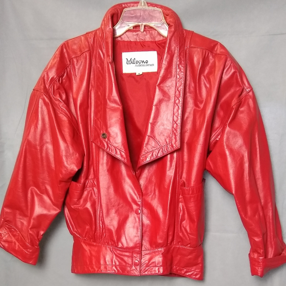 Women's Red Leather Cropped Jacket Vintage Wilson's puffy Shoulder